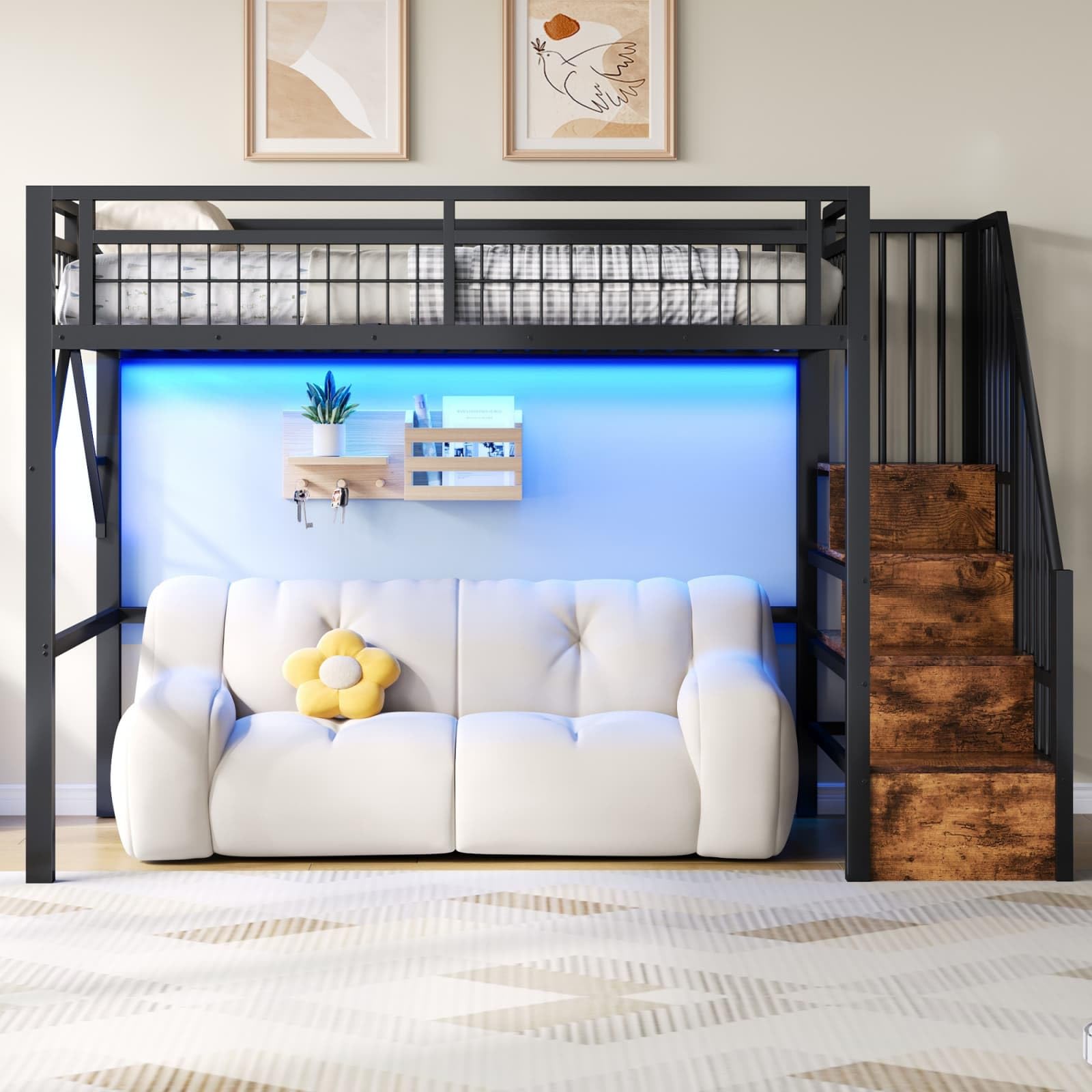 KOMHTOM Lit Mezzanine 140x200 cm en Métal, Lit Surélevé Multifonctionnel avec Escaliers de Rangement et Eclairage LED, pour Adultes et Ados, sans Matelas (Noir-90x200cm)