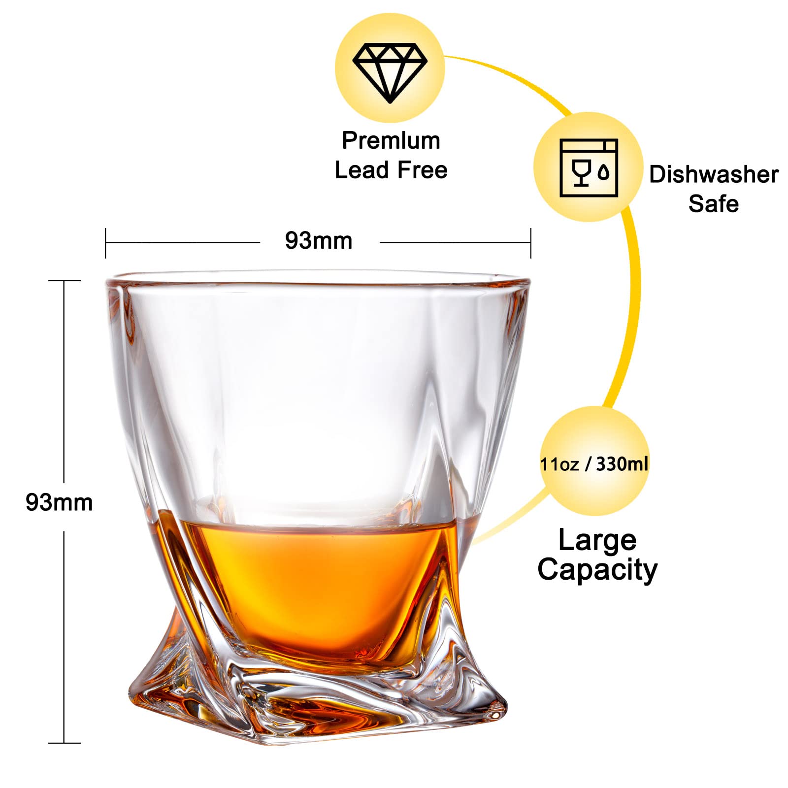 Szklanka do whisky, zestaw 4 szt. (2 kryształowe szklanki typu tumbler, 2 duże foremki do kul lodowych) w pudełku prezentowym – szklanki do whisky 330 ml do szkockiej whisky, koktajli, rumu, koniaku
