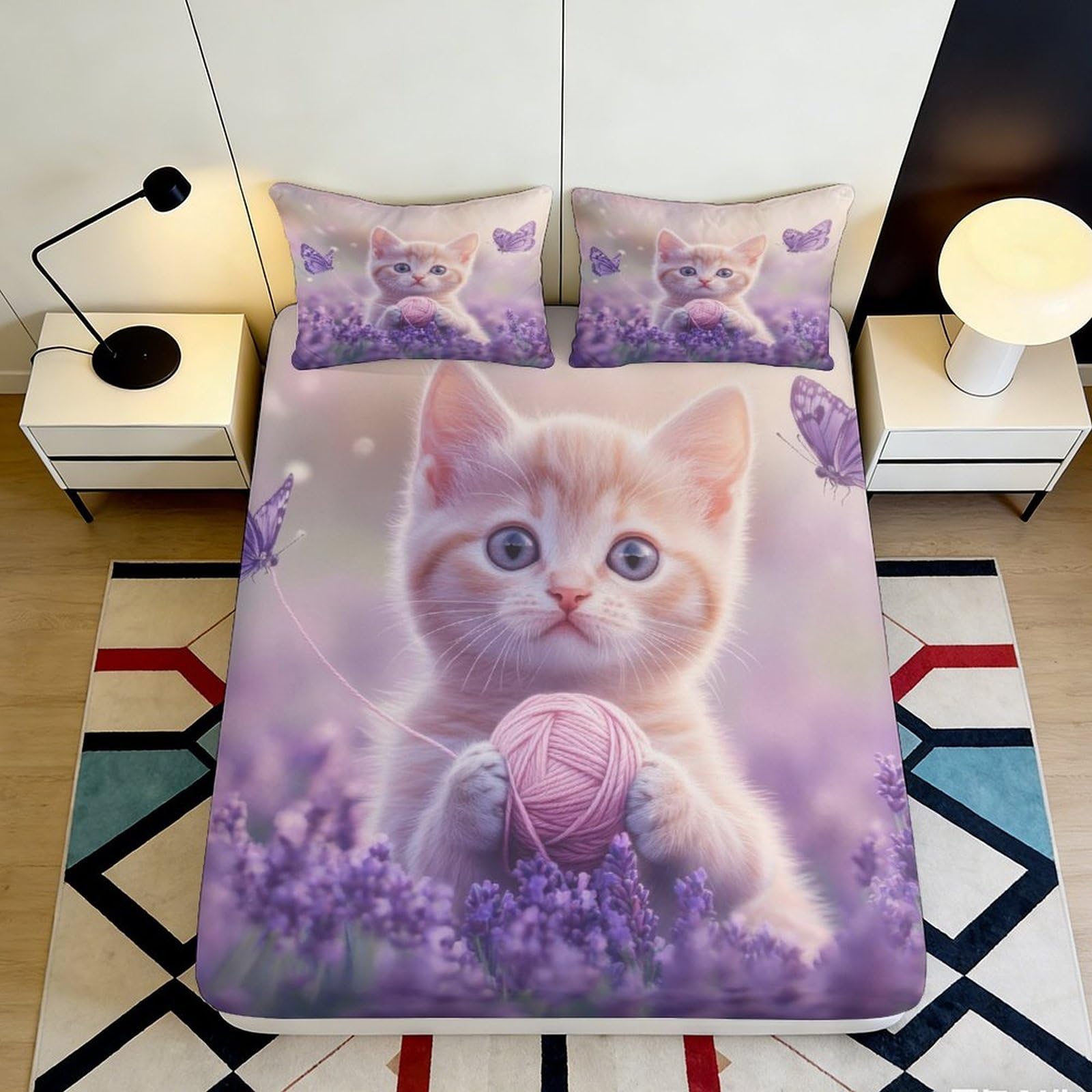 Pnayamiorkfel Style-1 3D Printed Cute Kitten Fitted Sheet Microfiber Soft Purple Butterfly Bed Cover For Bedroom Dorm Mattress Protection Decor 90X200x25cm