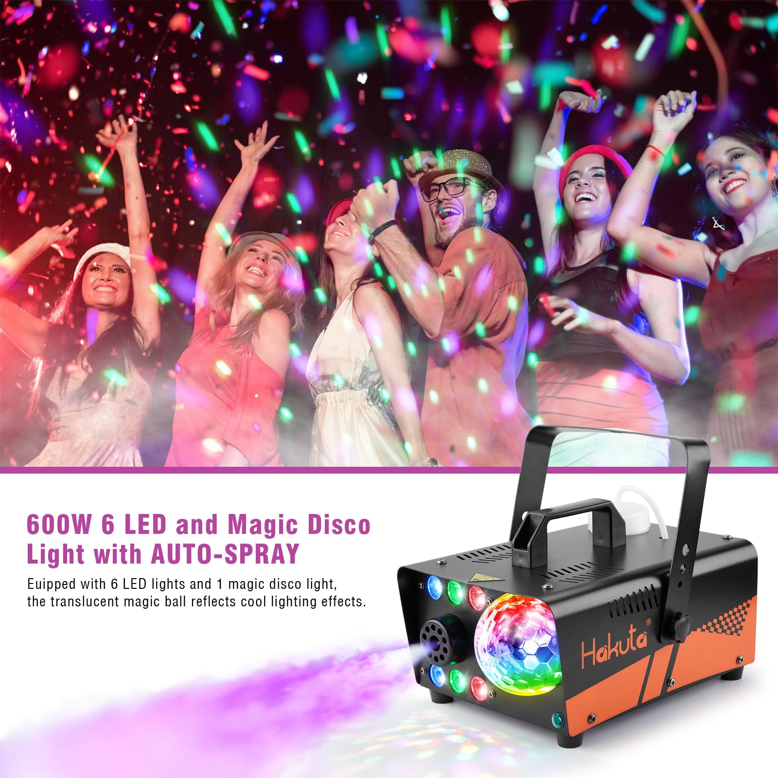 HAKUTA Máquina de Humo con bola de discoteca y luces LED RGB, 600 W Fog Machine, 2300 CFM Spray con función de pulverización automática,para Halloween, Navidad,boda,rendimiento de escenario y fiestas