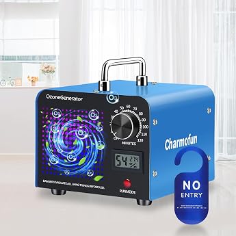 Charmofun Ozone Generator 60000 mg/h Ozone Device Industrial Ozone Generator with Temperature and Humidity Display 120 Min Timer O3 Ozone Air Purifier for Car Home Kitchen Pets Blue