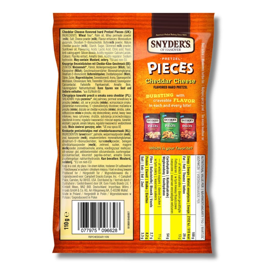 Snyder's of Hanover Cheddar Cheese Pretzel Pieces, 10x 110 g – Knuspriger Käse-Snack mit kräftigem Cheddar-Geschmack