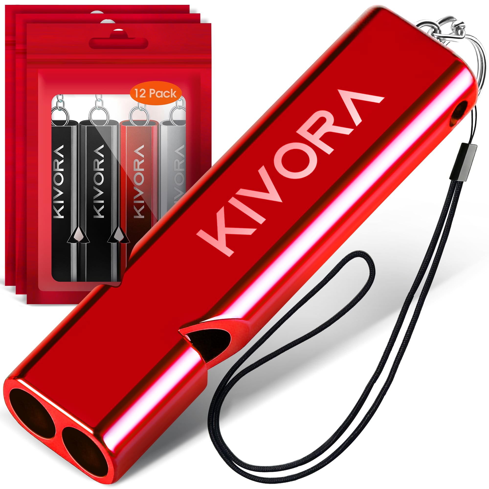 KIVORA Emergency Whistle, 12 Pack 126dB Super Loud Aluminum Safety Survival Whistles with 12 Lanyards for Emergency Rescue, Camping, Hiking, Boating, Outdoor Use – Whistle Emergency, Red