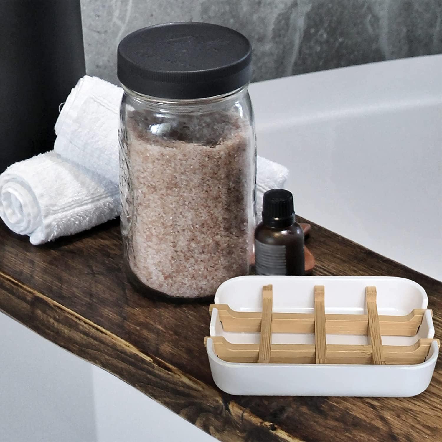 Aoheuo Modern Bamboo Fiber soap Holder and soap Dish Combination (Removable), Black, 5.12 Long by 3 Wide, 0.98 inches high, Used in Kitchens, bathrooms, and bar Sinks image 3