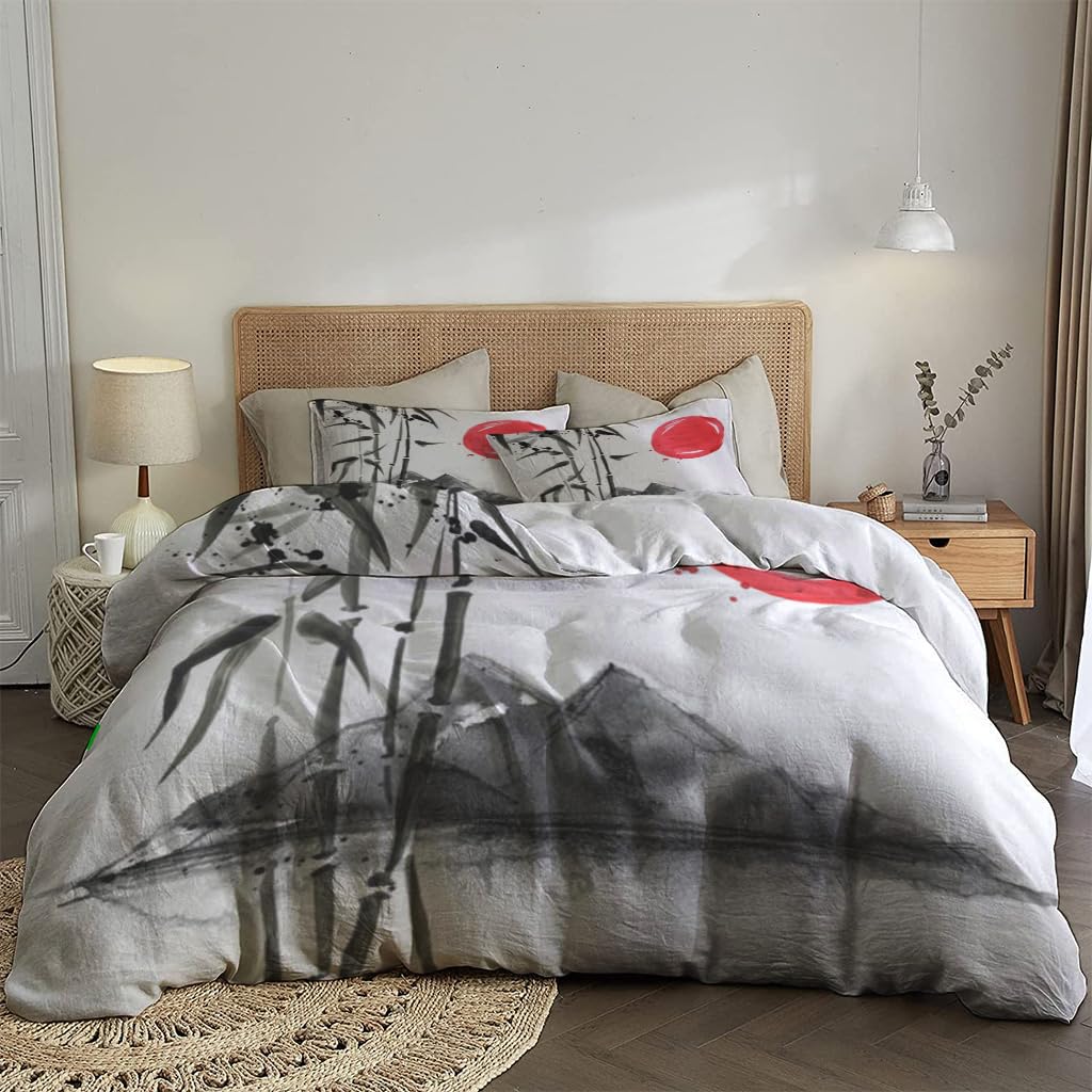 NIBAINLO 布団カバー山、太陽、竹を描いた日本画風イラスト 肌に優しい ピーチスキン加工 掛け布団カバー 和式 洋式 あったか 布団カバーセット リバーシブル ホームステイ ホテル 家庭兼用