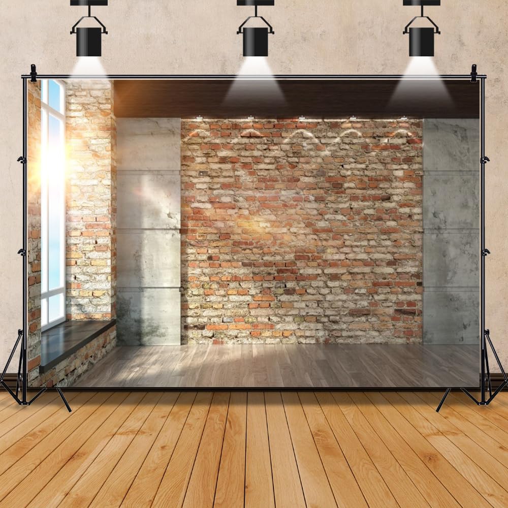 Leowefowa 12x8ft Vinyl Interior Room Backdrop Vintage Brick Wall with Window Sunlight Photography Background Empty Office Backdrop for Video Zoom