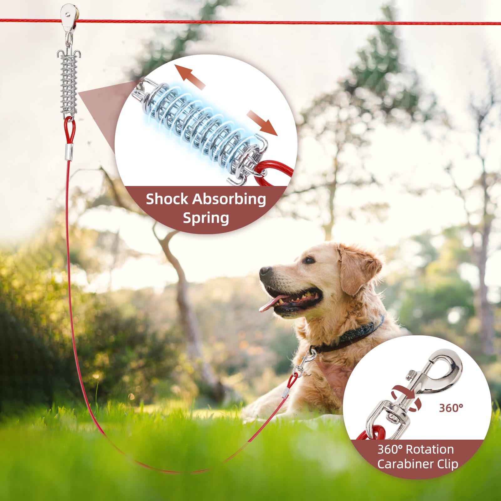 LUWFELL - Passatoia per cani da cortile con guinzaglio lungo 45 m e assorbimento degli urti - Puleggia per cani con cavo di legatura
