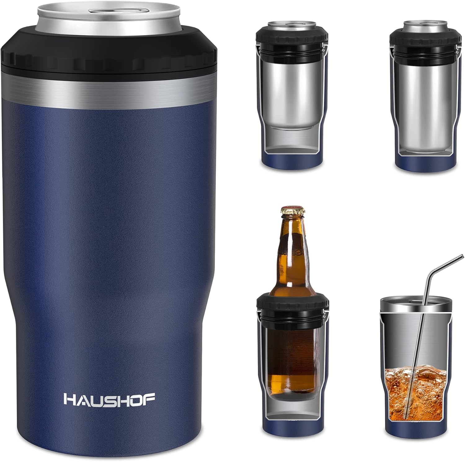 HAUSHOF 12 oz Can Cooler, 4 in 1 Insulated Stainless Steel Can Insulator, Fits for 12 oz Standard Can|12 oz Slim Can|12 oz Beer Bottle, Perfect for Camping, Beach, Picnic
