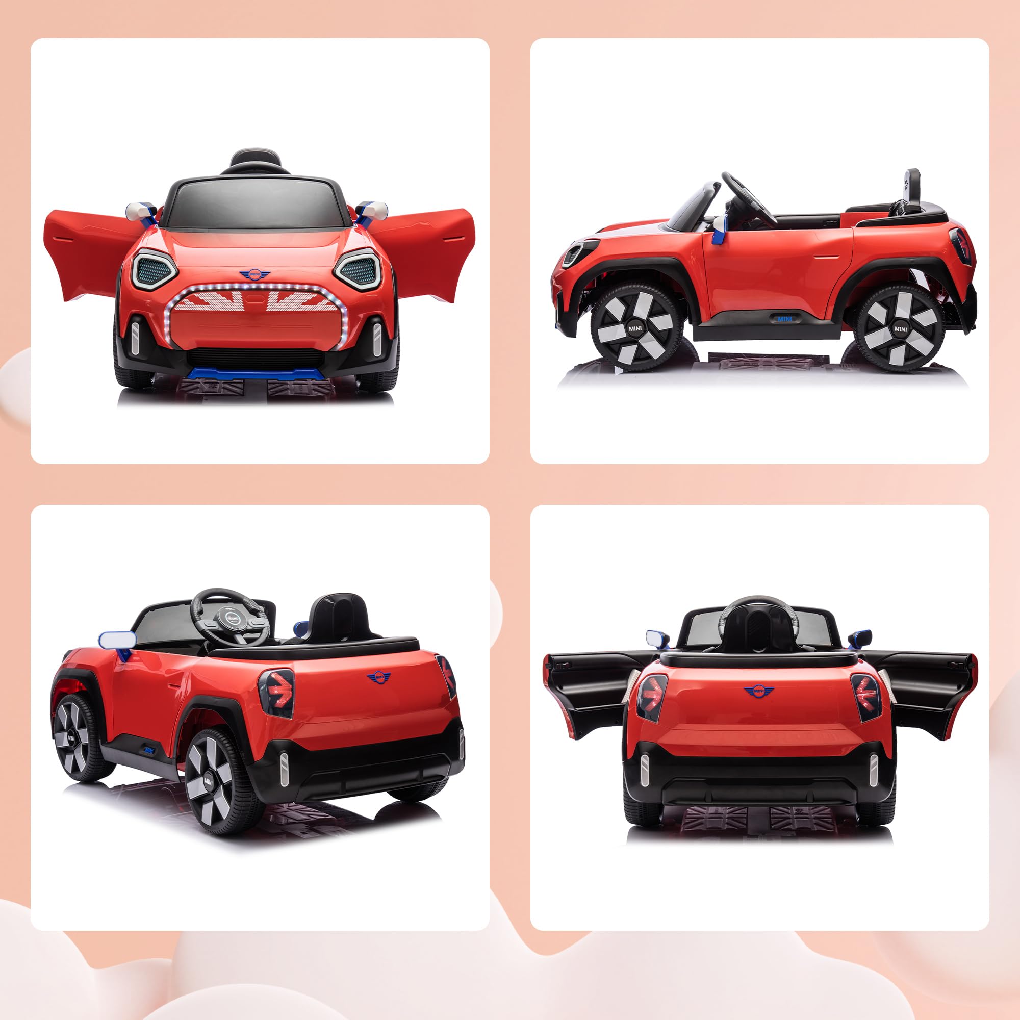 AIYAPLAY Coche Eléctrico 12V para Niños +3 Años, Mini Aceman, Bluetooth, Mando 2,4G, Motor Doble, Rojo