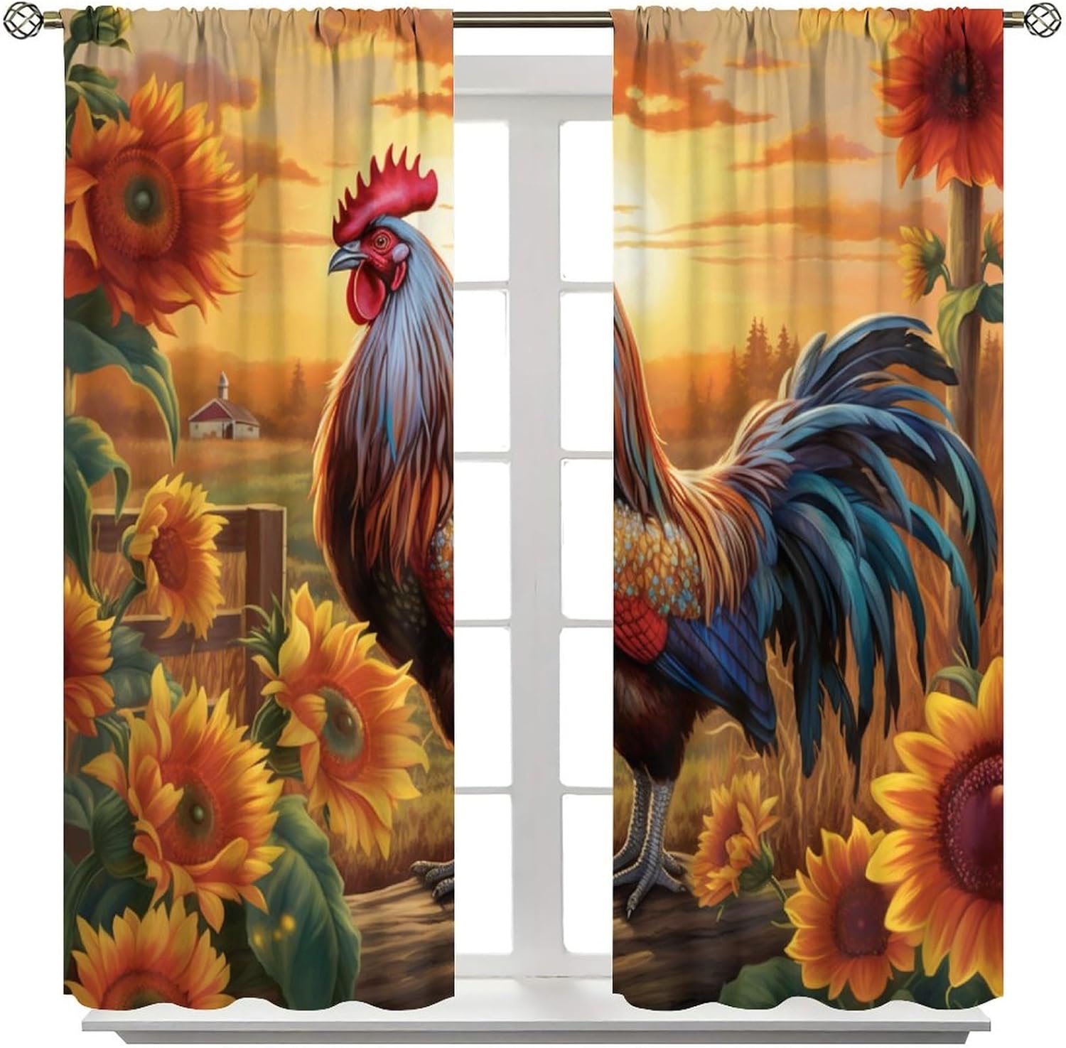 Rooster Curtains Retro Farm Sunflower Animal Rooster Country Farmhouse Print Curtains Suitable for Living Room Bedroom Blackout Curtains 72x63 Inches