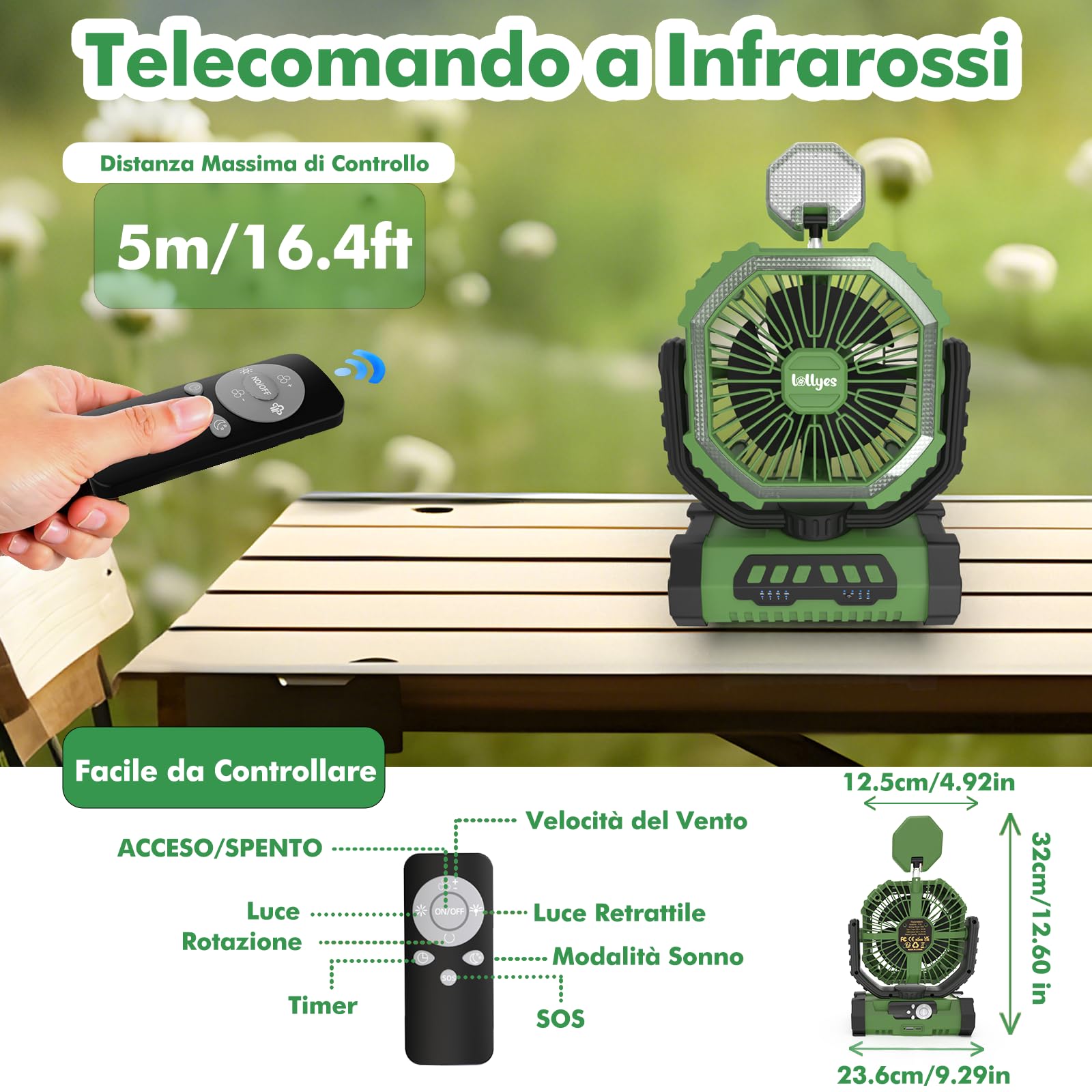 Ventilatore da Campeggio con Luce, Alimentazione a Batteria 20000mAh, Ventilatore Portatile Ricaricabile con Telecomando e Gancio Rotante a 360°, 4 Velocità per Interni, Viaggi, Camper (Verde)