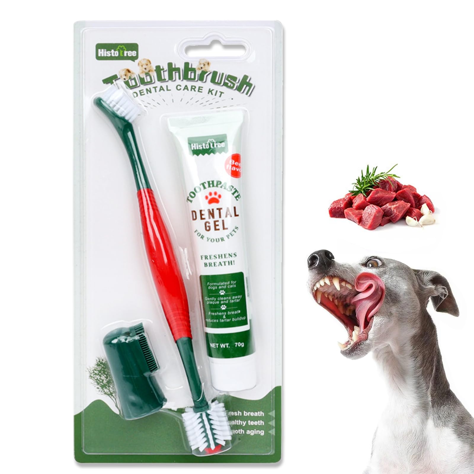 Dog Toothbrush Dental Care Kit,3 Set with Double-Headed and Finger Toothbrushes for Dogs and Cats, 2.47oz Toothpaste,Clean Pets' Teeth and Fresh Breath (Beef)