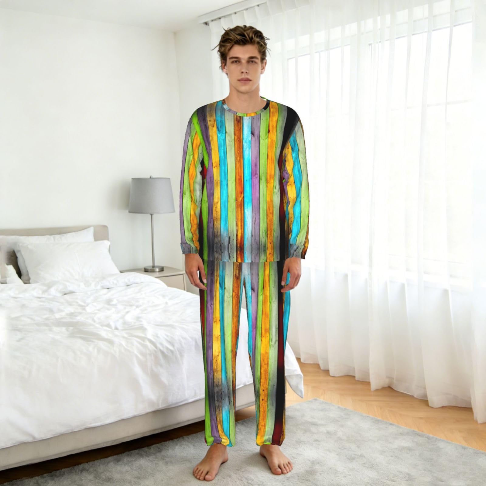 Conjunto de pijama para hombre de manga larga con estampado de tablas de madera coloridas, conjuntos de pijamas suaves para hombre, ropa de descanso cómoda para hombres, tallas S-3XL