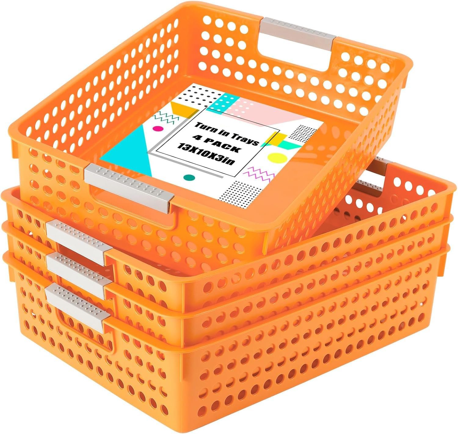 Spymero 4 Pack Turn in Trays Classroom, Orange, Plastic, with Handles