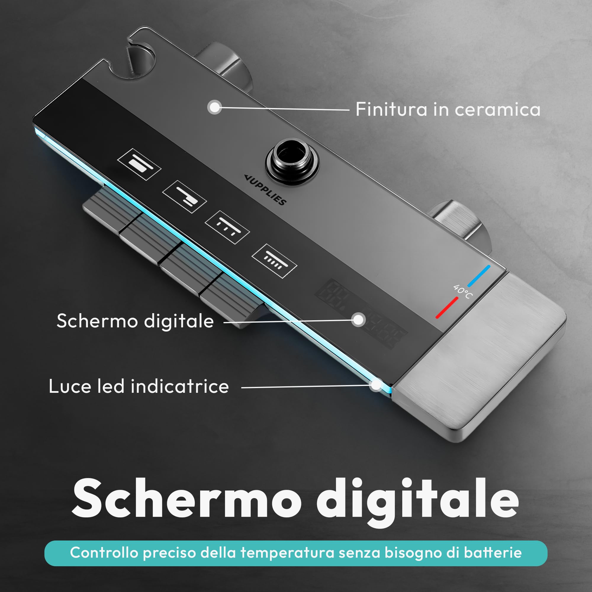 JUPPLIES Colonna Doccia Termostatica Nero Titanio 4 in 1 – Soffione Pioggia 25cm | Display LED | Miscelatore Ceramica | Doccetta + Cascata Vasca | Kit Doccia Completo Nero Opaco