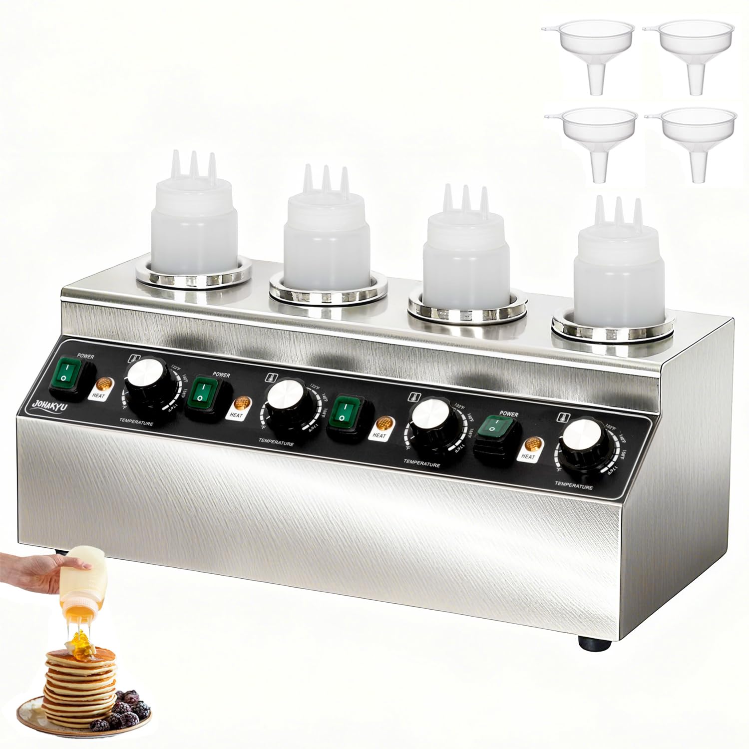 JOHAKYU Commercial Electric Sauce Warmer Dispenser – Stainless Steel Countertop Hot Fudge/Nacho Cheese Warmer with 4×650ml Squeeze Bottles and 4