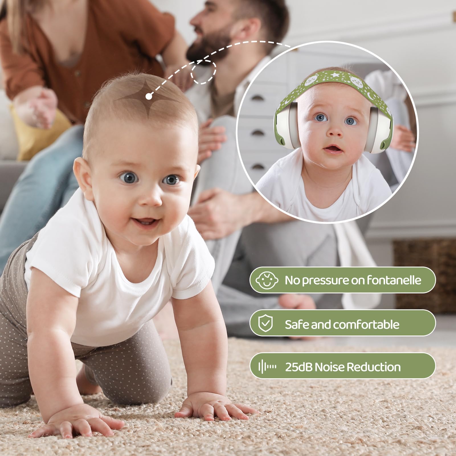 YomauiYee Baby Ohrenschützer, Baby Ohrenschützer, Gehörschutz mit Tragetasche, 25 dB Baby Schallschutz-Kopfhörer für Reisen, Schlafen, Flugzeug, lautes Ereignis, Grün