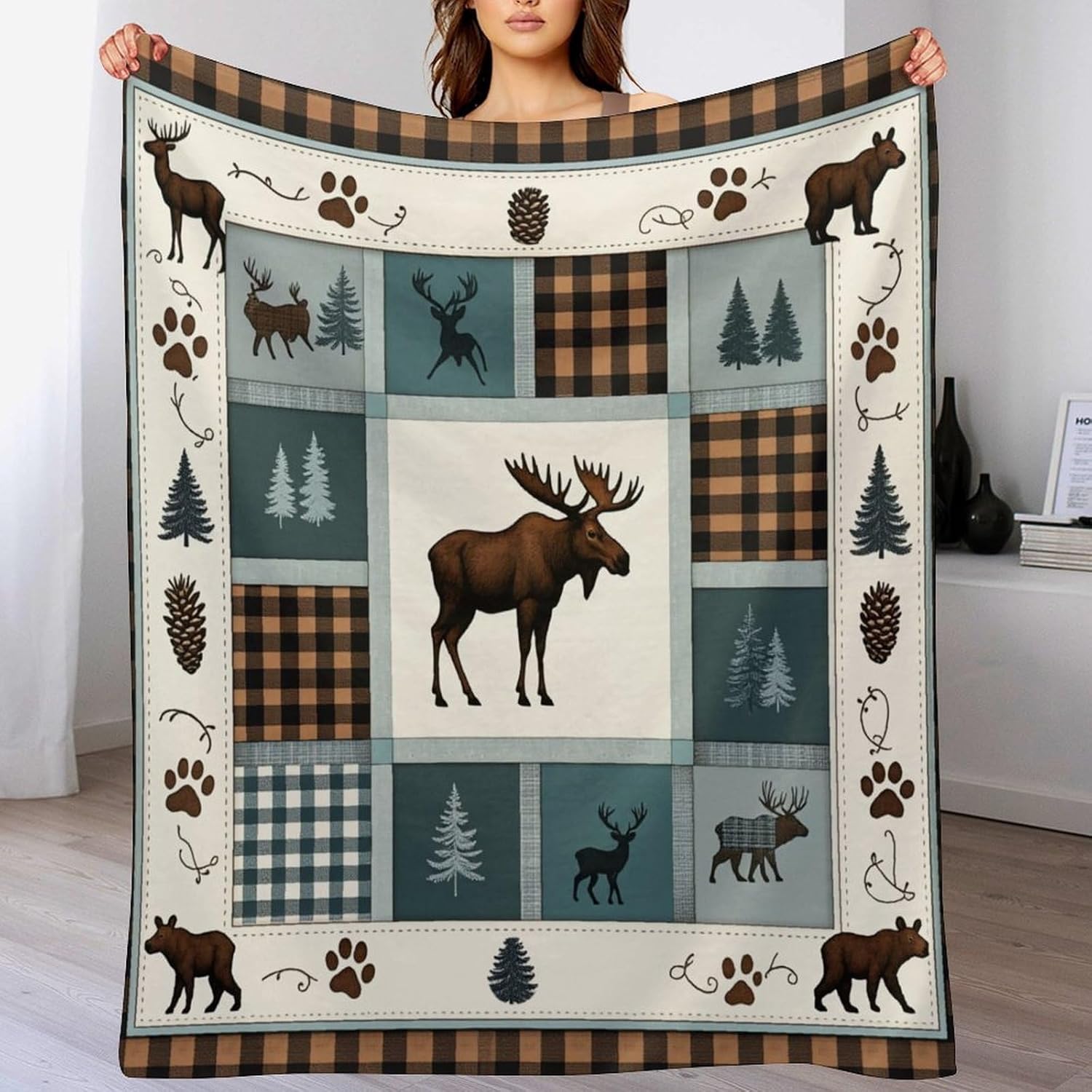 Vintage Checkered Moose Deer Bear Tree Super Soft Throw Blanket, Plaid Pine Cone Brown Flannel Fleece Decorative Throw for Sofa Couch Bedroom Decor Outdoor Use 60"x80"