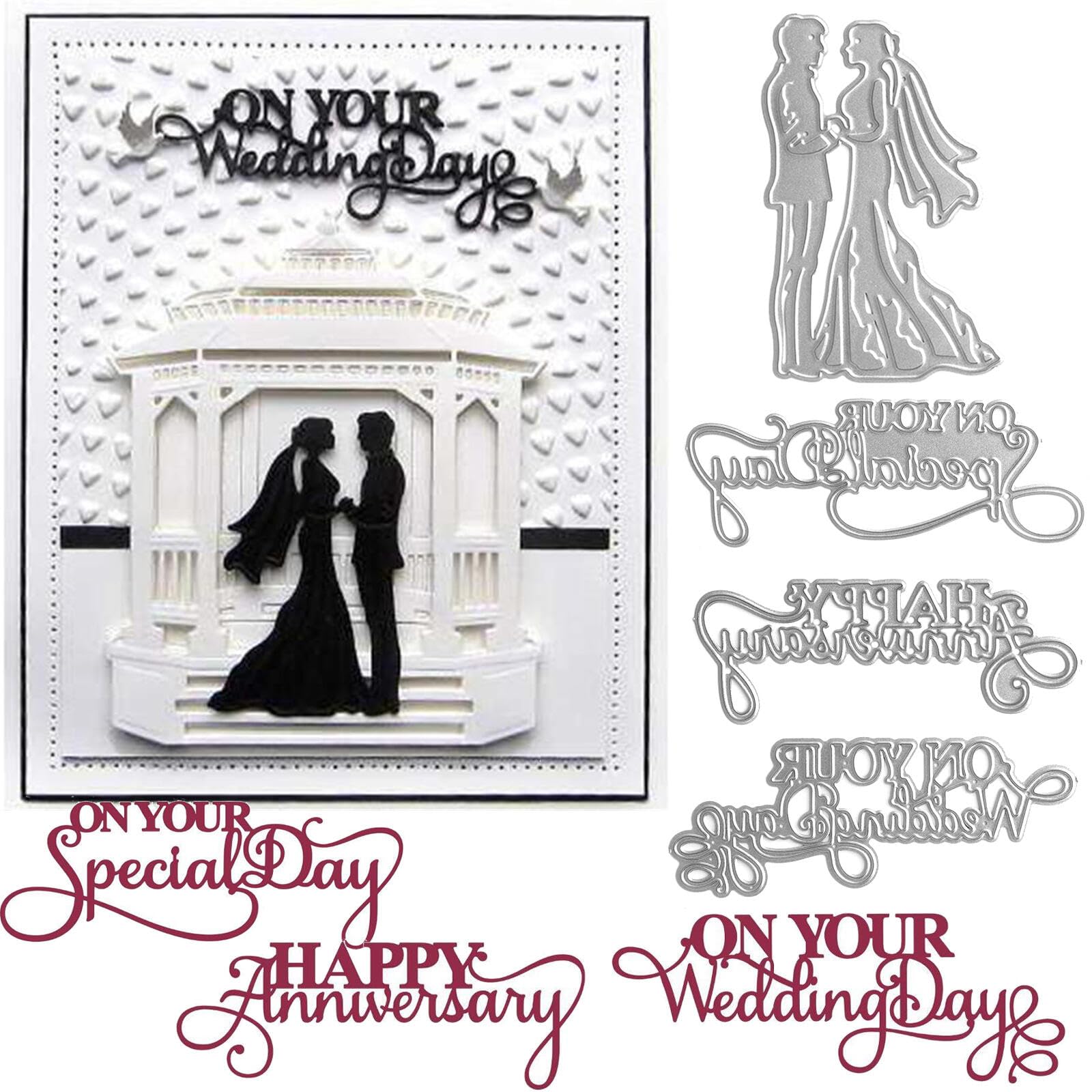 4PCS Wedding Dies for Card Making Bride and Groom On Your Special Day,Happy Anniversary On your Wedding Day Alphabets Metal Cutting Dies for DIY Scrapbooking Paper Crafting Handmade Crafts Wedding Dec