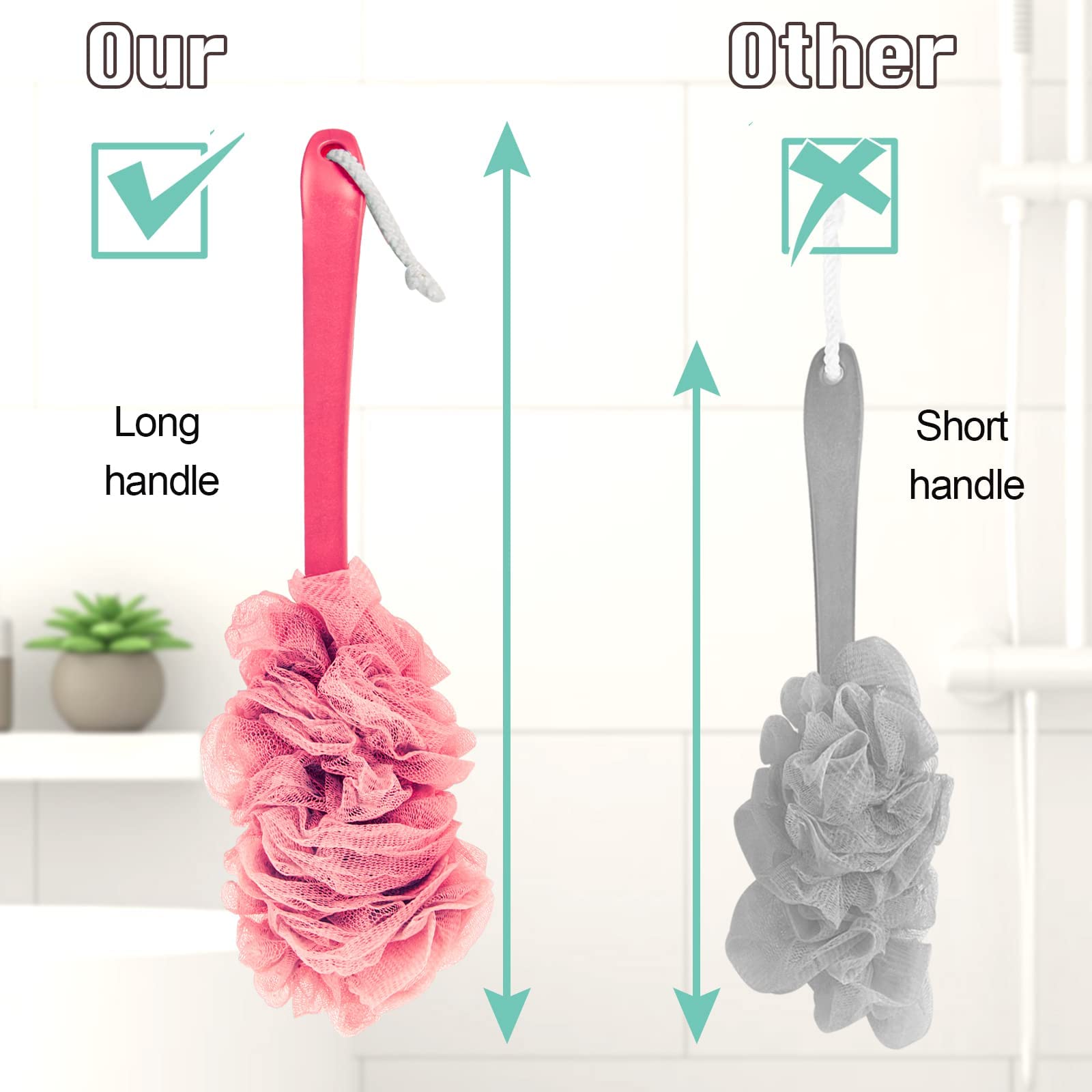 Qewro Loofah on a stick per doccia, 4 pezzi di scrubber posteriore per doccia, corpo esfoliante con manico lungo, spugna luffa da uomo accessori da bagno per donna