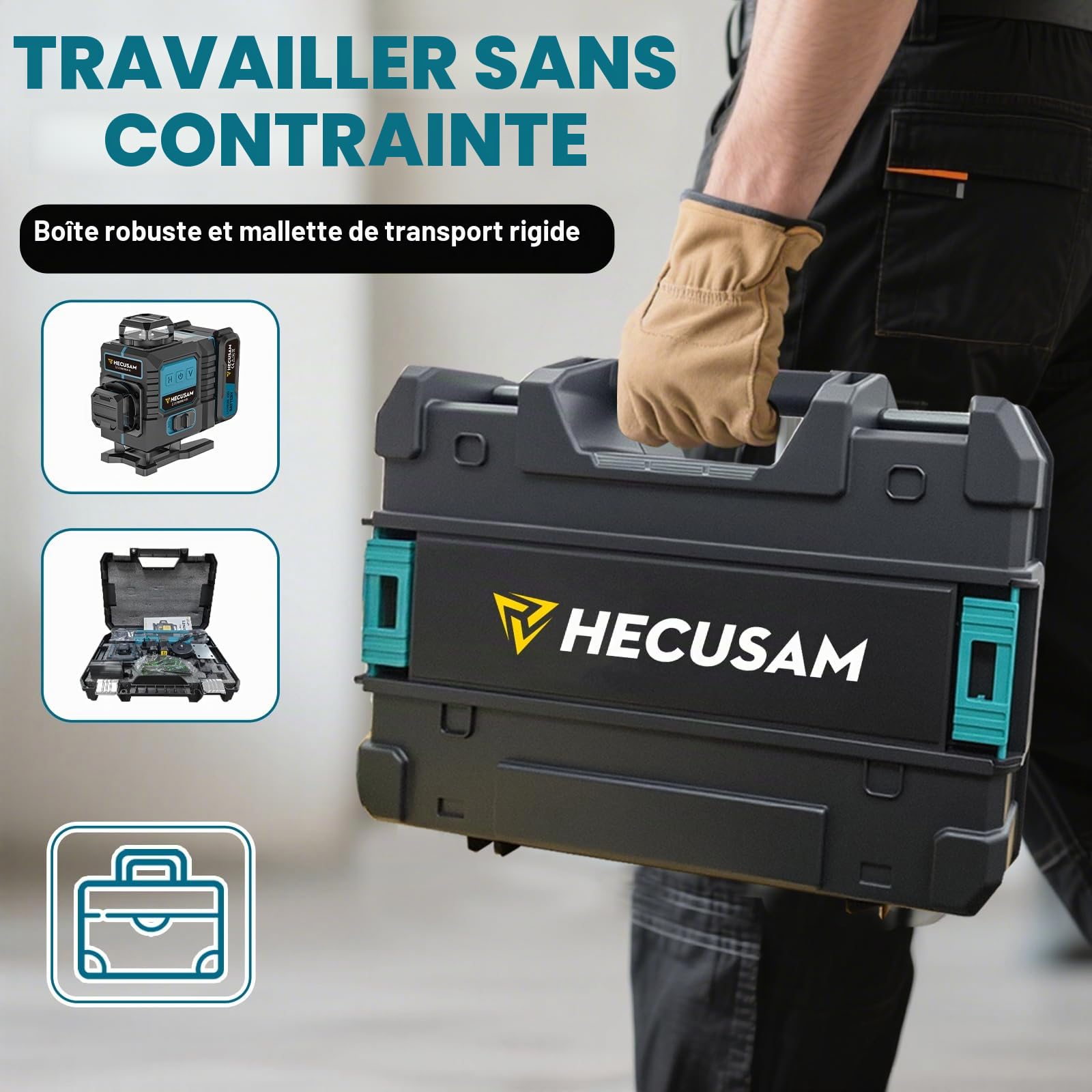 Niveau Laser Avec Trepied, Niveau Laser Chantier Autonivelant 4×360°, Laser à Lignes Continues Avec FenêTre De Rotation à 360°, Batterie 2×4800 mAh, Indice IP54 Pour Bâtiment, Carrelage