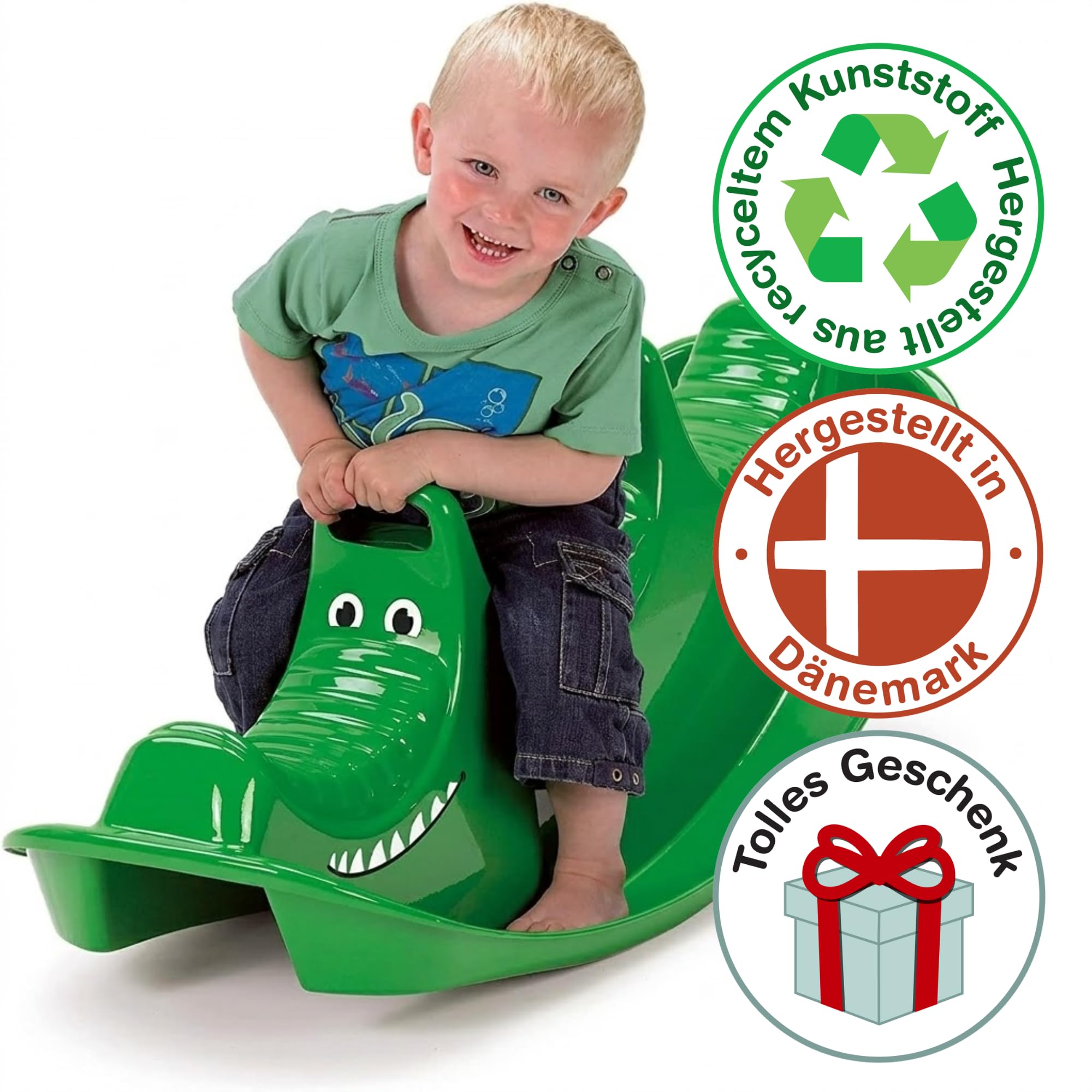 Dantoy – Schaukelpferd mit 3 Sitzen - Wippe aus Langlebiger Kunststoff - Kinderwippe für Kinder - 1–5 Jahre - Grünes Krokodil - Garten Spielzeug - Draußen / Drinnen - Hergestellt in Dänemark
