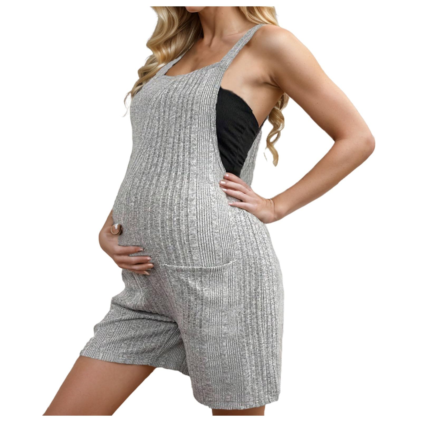 Briskorry Mono de maternidad para mujer, de punto, cami, mono de color sólido, con cuello en U, pantalones cortos, mono para embarazo, mameluco con tirantes finos