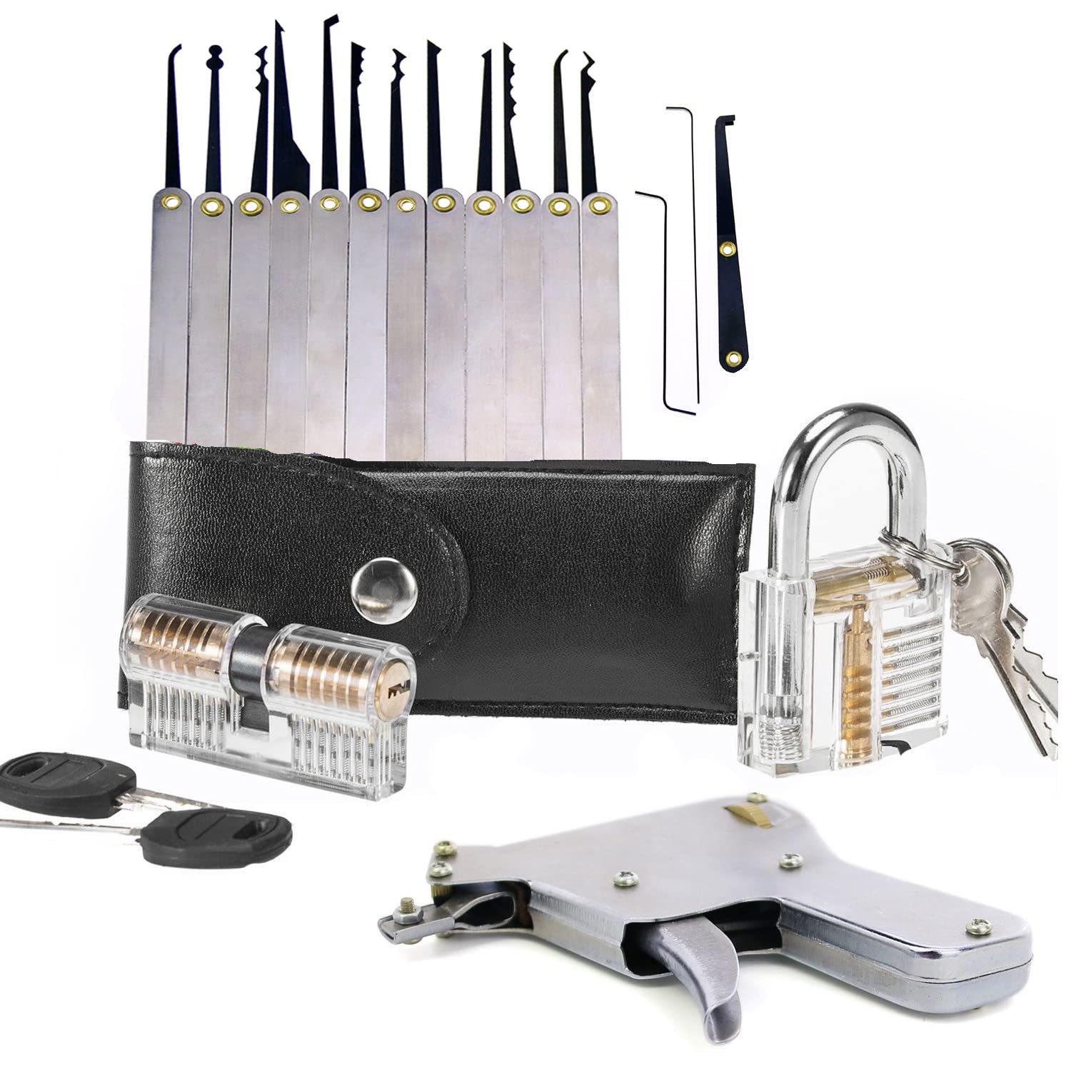 2 transparente Schlösser mit 15 Dietrich-Haken, 1 LockPick Pistole zum Öffnen, Schlosser, Anfänger, Dietrich-Trainingsset (silberfarben)