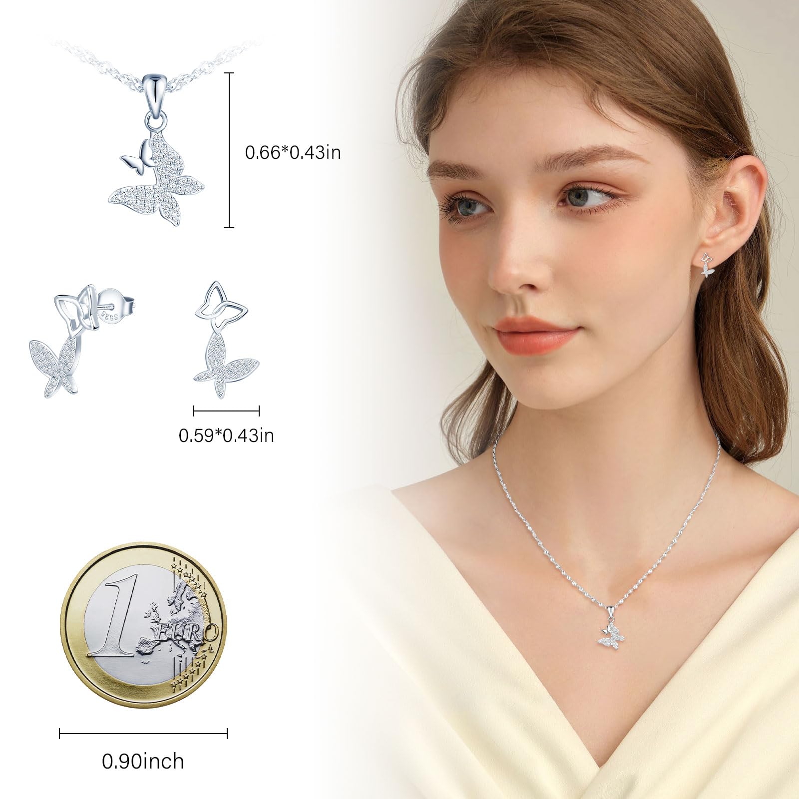 2 PCS Joyas Conjunto de Collar y Pendientes de Mariposas en Plata de Ley 925 con Circonitas, Pendientes Trepadores de Mariposas, Collar Colgante Mariposas para Mujer Niña