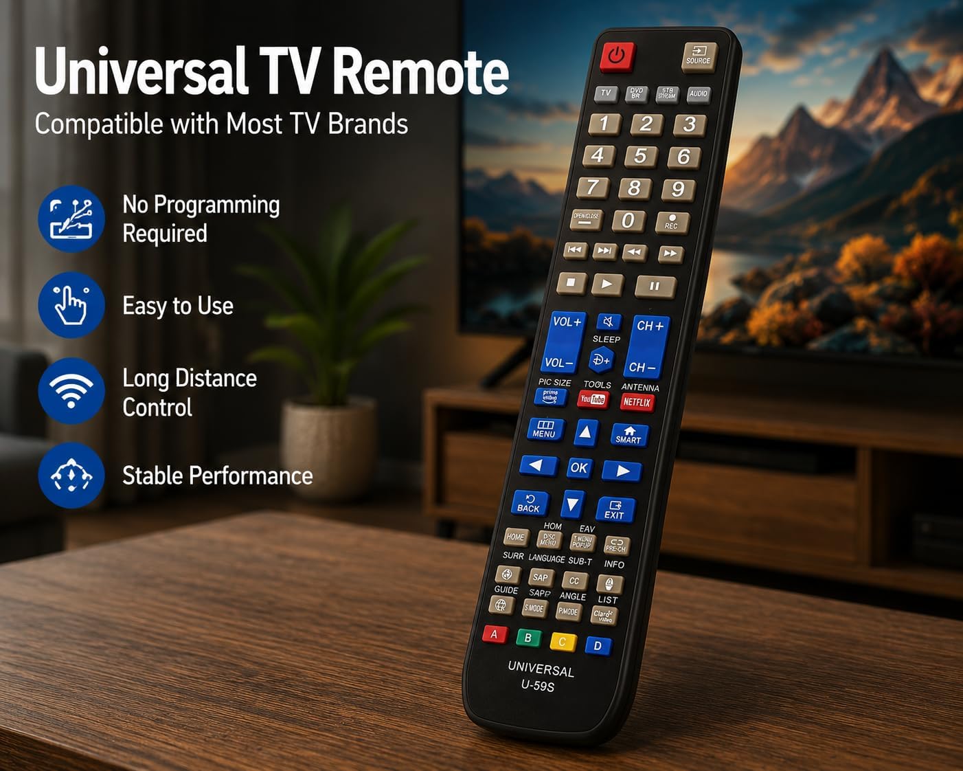 U-59S Universal Remote Control for Smart TV, LED LCD TV, Streaming, DVD/Blu-Ray, Home Theater & Soundbar – Multi-Function Replacement Remote with Netflix, YouTube & Prime Video Buttons image 2