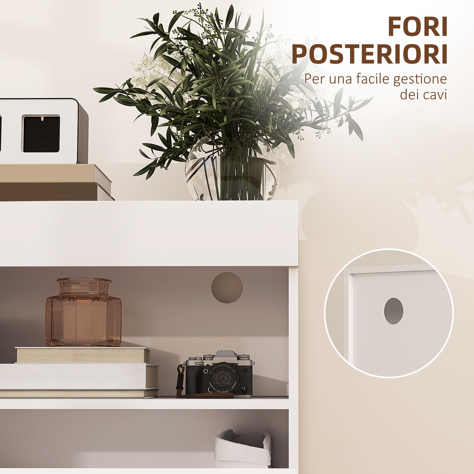 HOMCOM Credenza Cucina Bassa con Ante Ammortizzate, Mobile Buffet con 2 Armadietti, Scaffale Aperto, 2 Fori Passacavi, Ripiano Regolabile e Sistema Antiribaltamento, Bianco