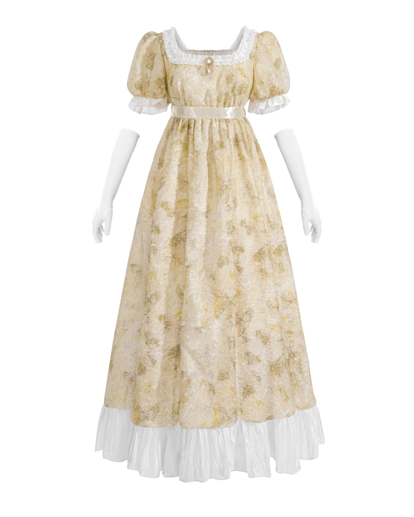 NSPSTT Women's Regency Dress Yellow Victorian Dress Jane Austen Long Vintage Dresses Empire Ball Gown with Gloves Empire Waist, 3XL