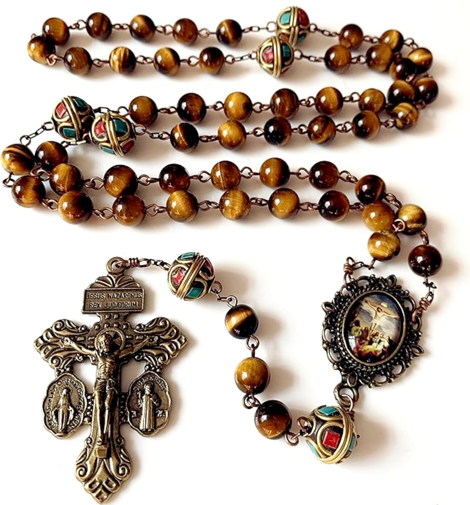 HANDMADE Vintage Catholic Tiger Eye & Nepal Beads Bronze Pardon Crucifix Cross Rosary Necklace Catholic Gift