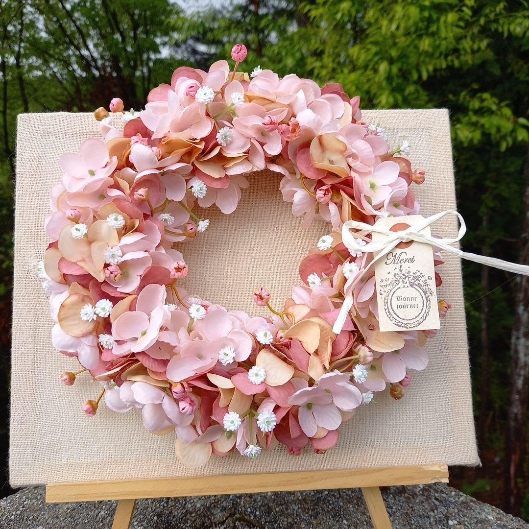 夏☀︎SALE！紫陽花とピンクのハーフリース　ルリタマアザミ 夏のお花瑠璃玉アザミと紫陽花の涼しげなハーフリース。ドライ