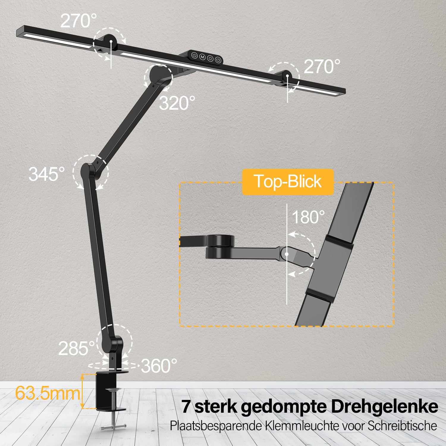 24W Superhelle Dimmbare LED Schreibtischlampe, 1500 Lumen LED Tischlampe für Haushalt und Büro mit Ambiente-Licht, Tageslichtlampe, Klemmlampe mit Drehbarer Lichtstange, Bürolampe [Energieklasse G]