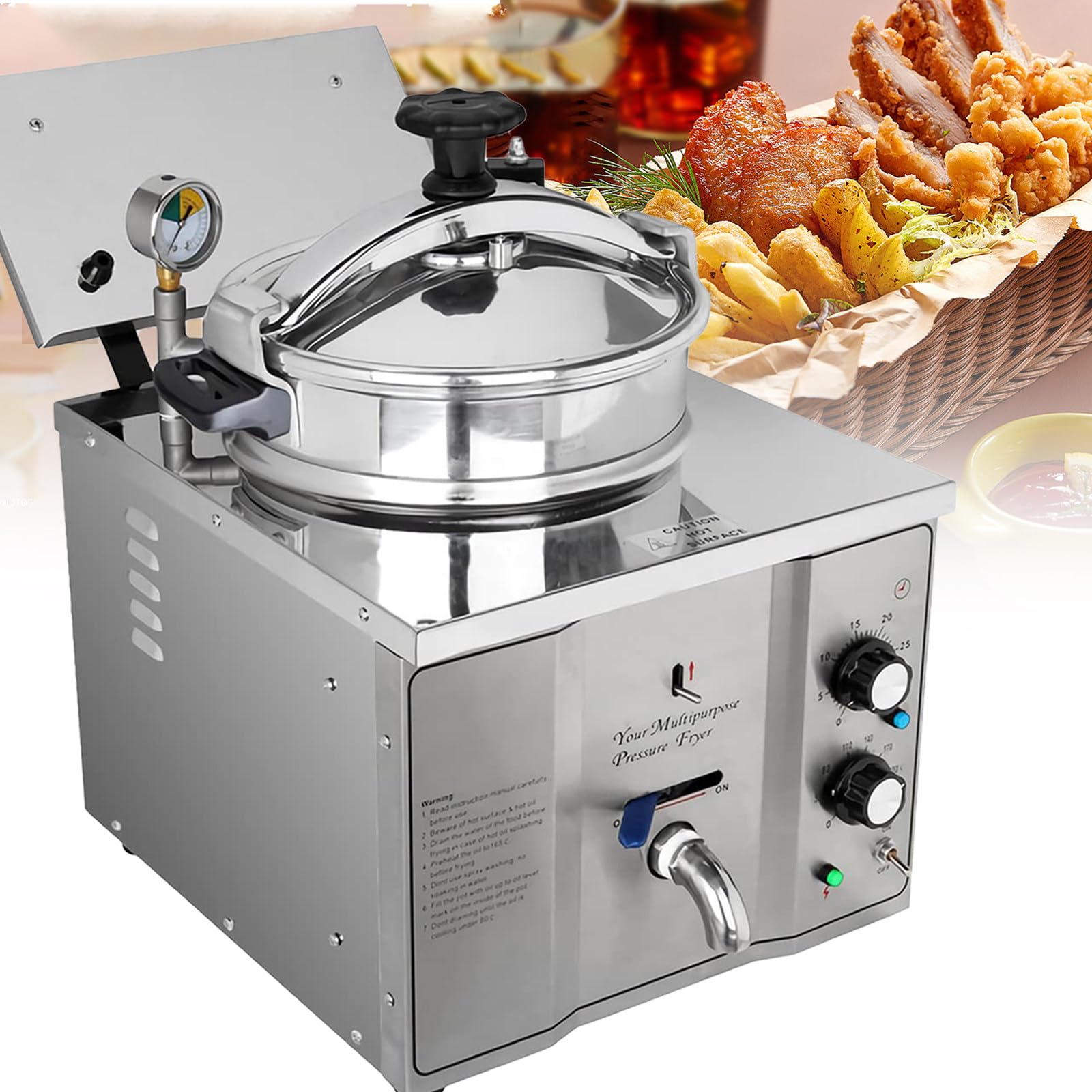 Friggitrice elettrica da banco da 16 Litri per Pollo Fritto, Friggitrice ad Alta Pressione Professionale da 3000 W per Pollo, Friggitrice da Tavolo in Acciaio Inox per Cucina di Ristorante