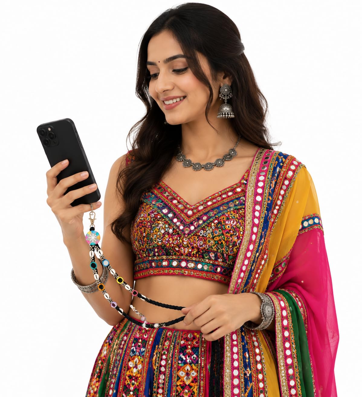 Navratri Mobile Sling Chain for Women & Girls | Handmade Beaded Phone Lanyard Strap with Phone Holder | Stylish Crossbody Mobile Hanging Chain | Keychain handling | crossbody phone holder-image-10