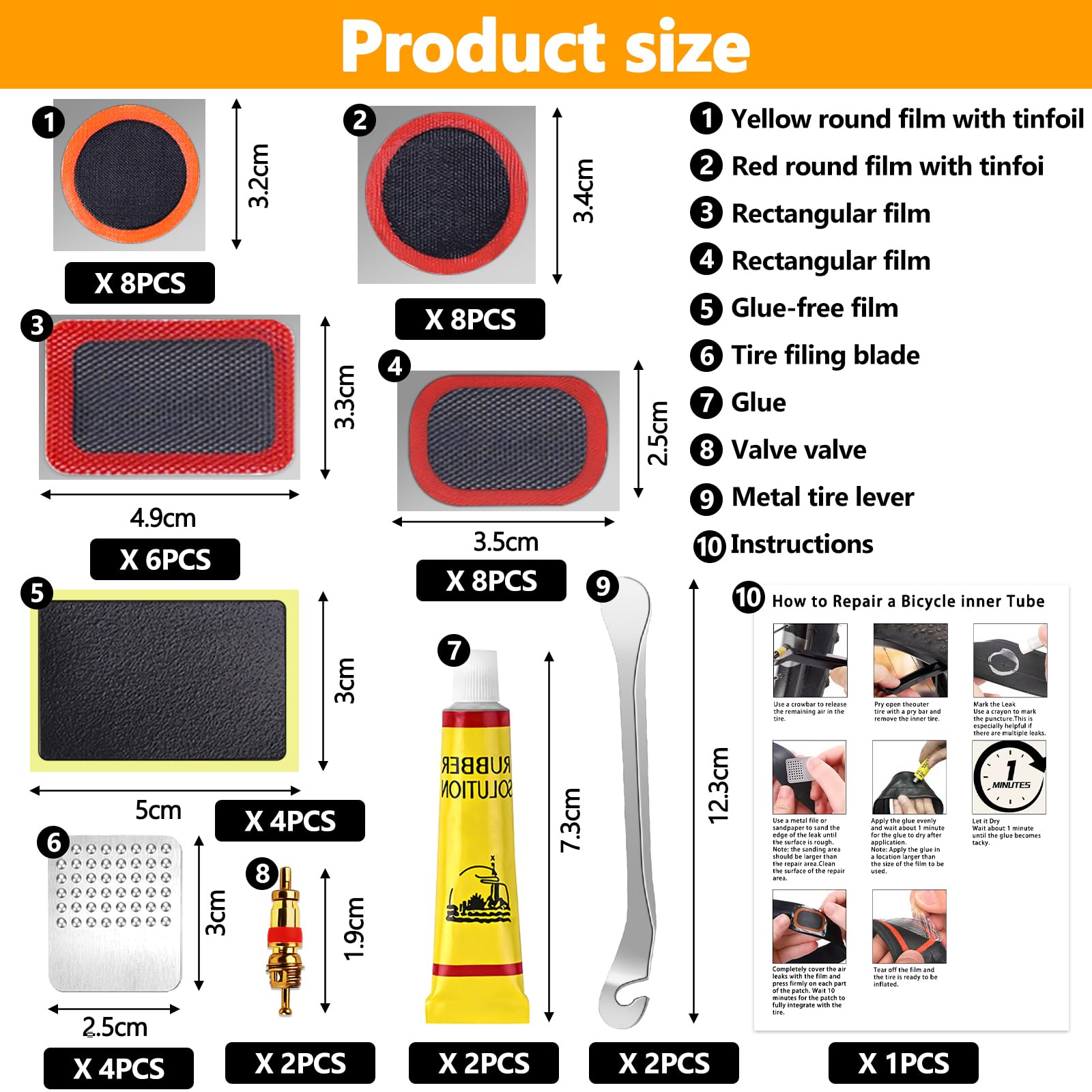 GMUFTIR Parches Bicicleta, 44 Piezas Kit Repara Pinchazos Bicicleta con Parches Bicicleta Autoadhesivo, Palanca para Neumáticos, Caja de Accesorios, para Cámaras de Bicicleta, Moto, MTB — view 2