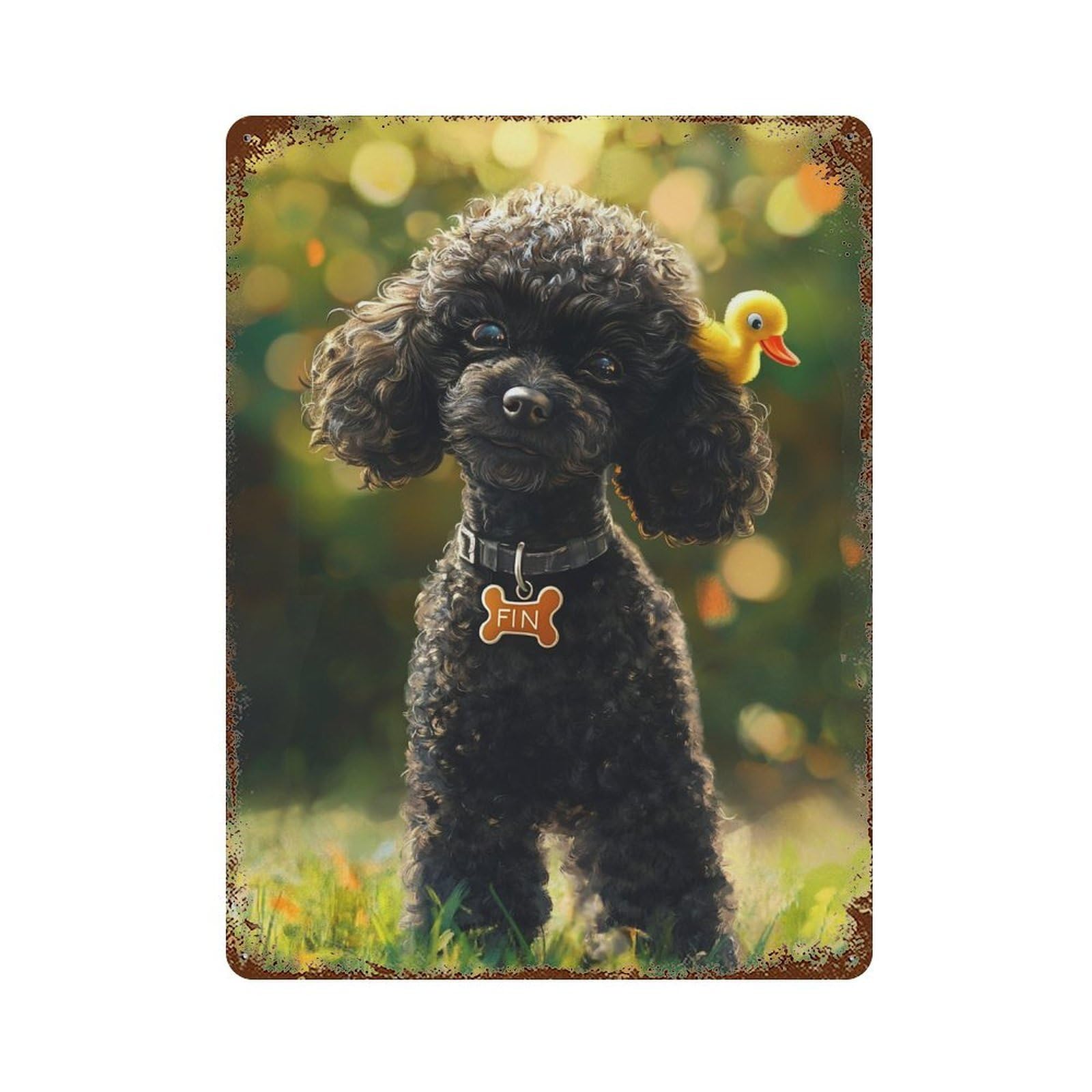 Distressed Metal Wall Sign with Adorable Poodle with Yellow Duck Toy -1 Design 15.7"x11.8", for Garage, Bar And Workshop Decor, Vintage Wall Decor