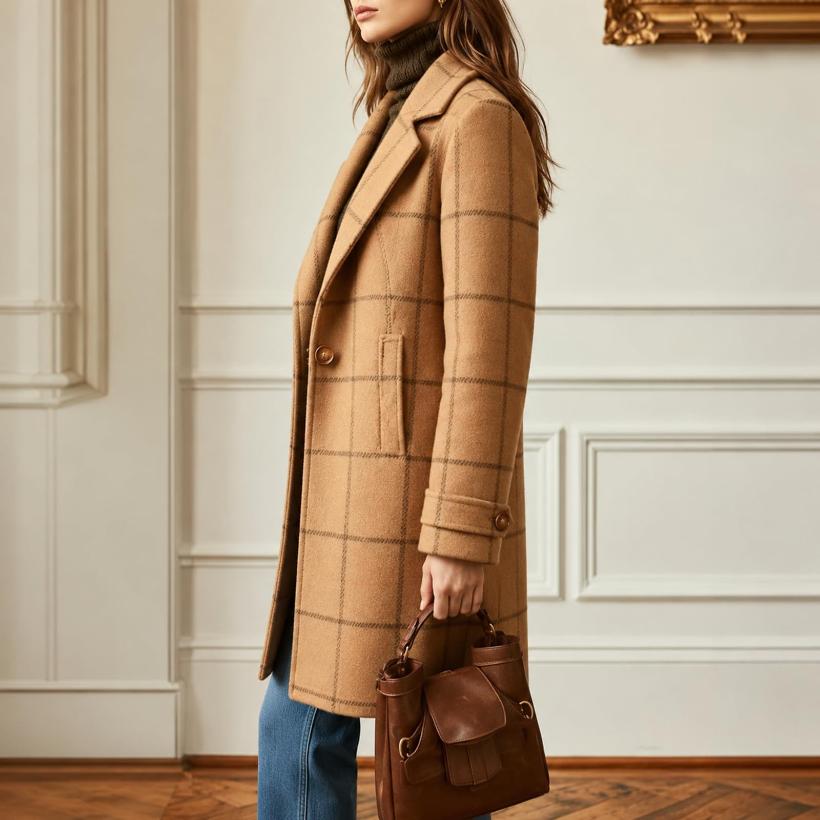 FUPODD Wintermantel Damen Wolle Lang Kariert Wollmantel Elegant Trenchcoat
