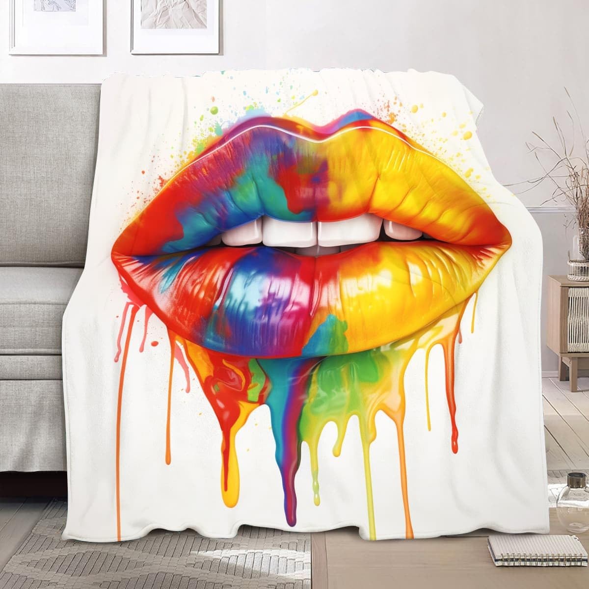 Genérico Sherpa XXL 180x200cm Arte De Labios ArcoíRis Esponjoso Franela Suave cálida y Ligera Lavable a Máquina Blanco Mantas de Lana Sofá Manta para Niños y Adultos