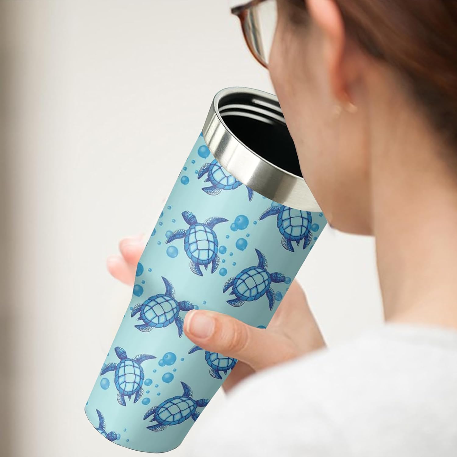 30 oz Blue Sea Turtle Tumbler with Handle and Flip Straw, Stainless Steel Insulated Cup with Lid and Straw, Travel Coffee Mug Water Bottle,Christmas Birthday Mothers Day Gifts for Women Animal Lovers - Image 5