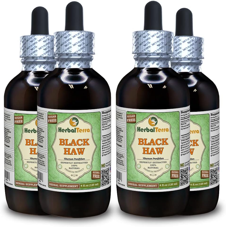 Black Haw (Viburnum Prunifolium) Glycerite, Dried Bark Alcohol-Free Liquid Extract (Brand Name: HerbalTerra, Proudly Made in USA) 4x4 fl.oz (4x120 ml)