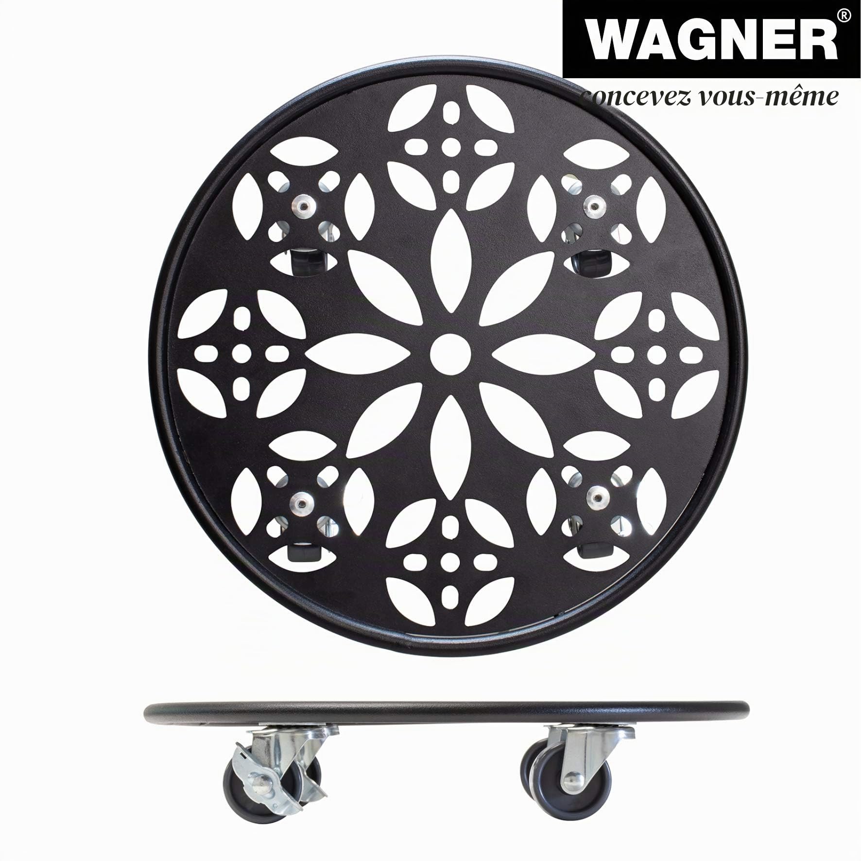WAGNER Support à roulettes pour pot de fleur ÉDITION NOIRE Ø 30 x 6,5 cm I Roule pot I intérieur + extérieur I Support roulant en acier, revêtement noir, 2 freins I Capacité de charge 60 kg - 20093601
