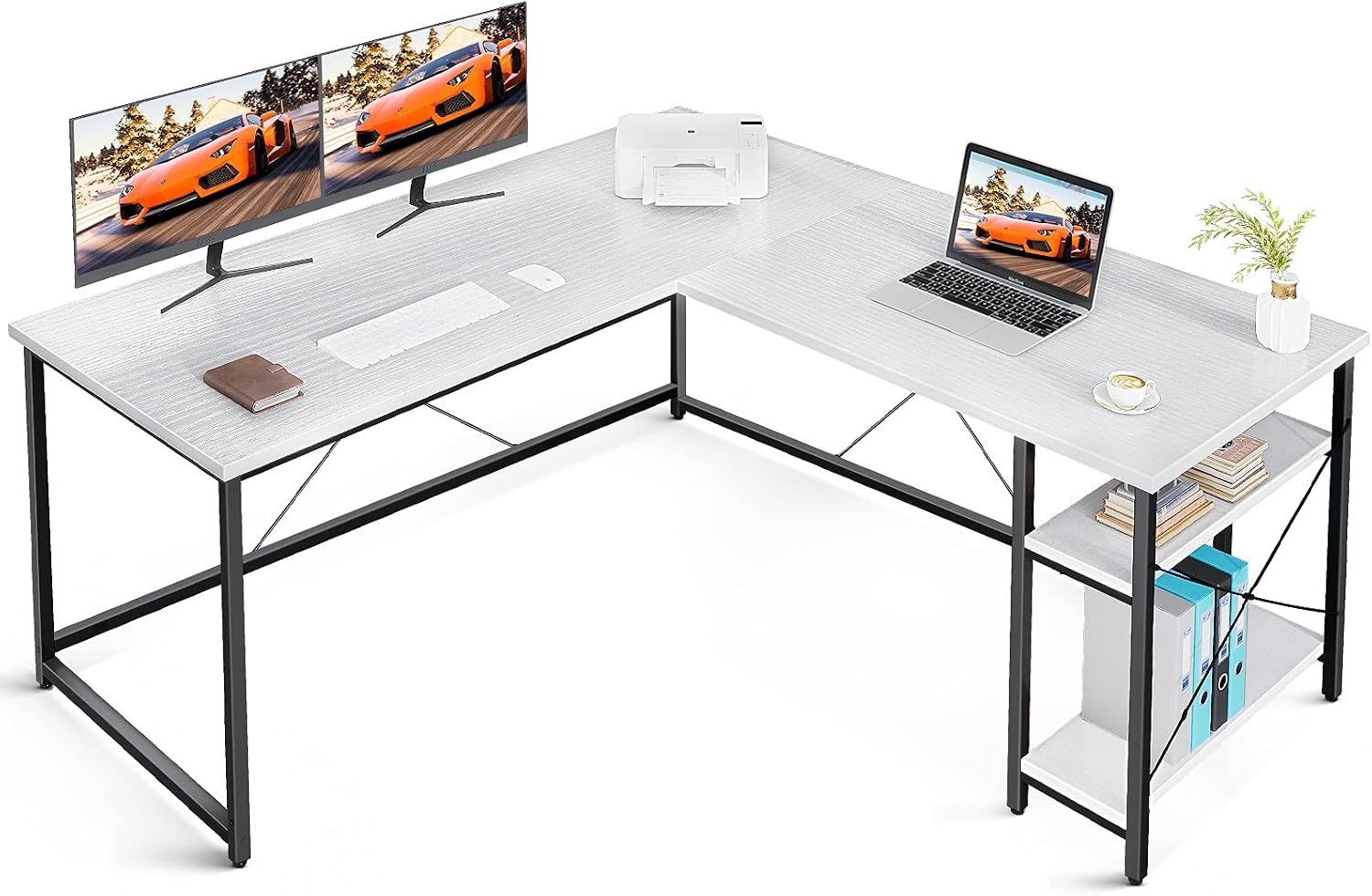 Coleshome 55" L Shaped Computer Desk with Storage Shelves, Gaming L Desk, Writing Workstation for Home Office, Space-Saving Corner Table, Easy to Assemble, White
