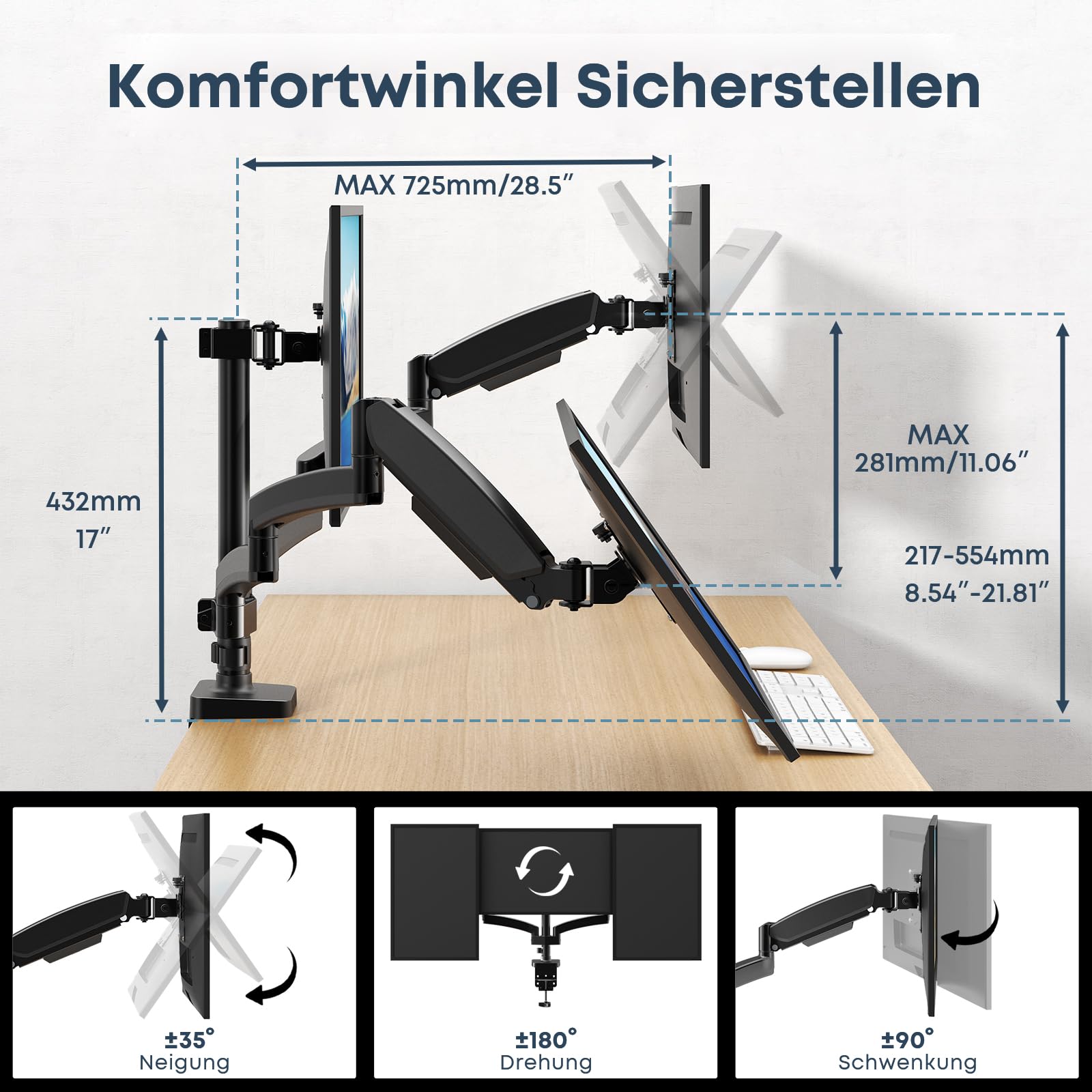 Monitor Halterung 3 Monitore, WORLDLIFT Premium Aluminium 3 Monitor Halterung für 17"-27" LED LCD Bildschirme, Höhenverstellbar Tischhalterung, 7 kg/Arm, vesa 75/100mm