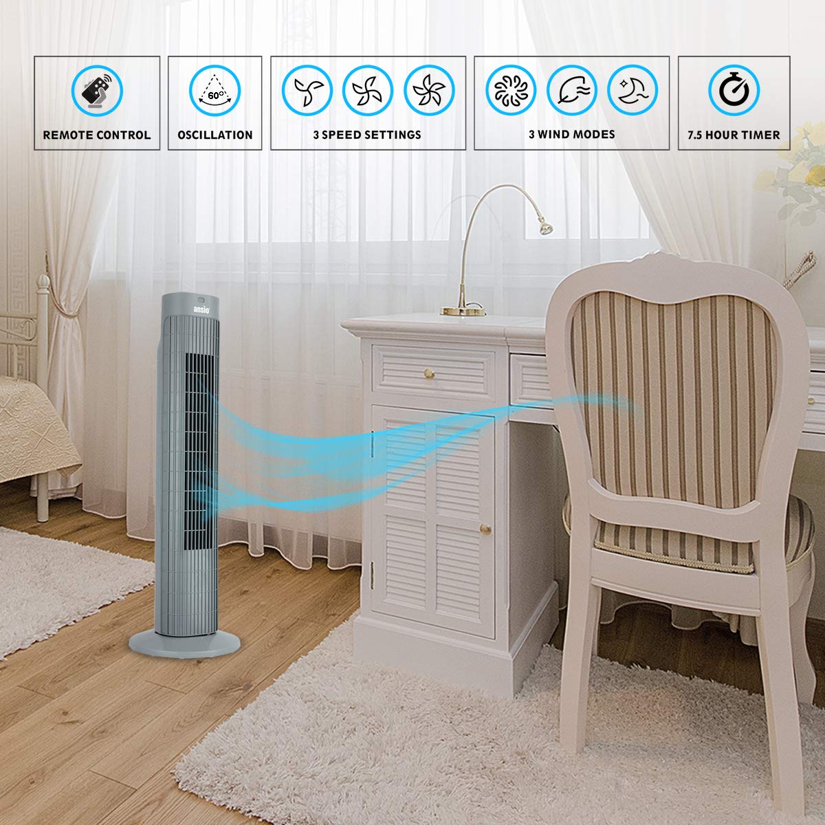Buy ANSIO® Tower Fan with Remote Control 30inch Powerful Electric