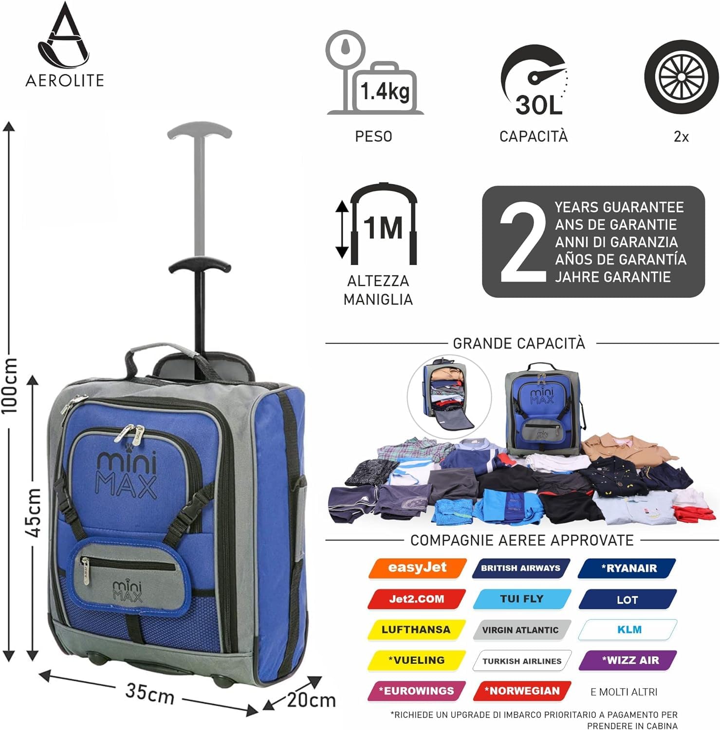 Aerolite MiniMAX Valigia Per Bambini EasyJet 45x36x20 Dimensione Max Trolley A Mano 30L Sotto Il Sedile Trolley Zaino Bagaglio A Mano Junior con 2 Anni Di Garanzia (Blu)