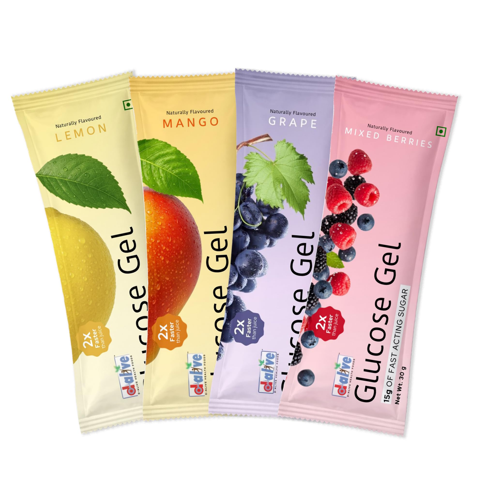 D-Alive Glucose Gel Sachets – Fast Acting Glucose for Hypoglycaemia & Low Blood Sugar Relief – Instant Energy Gel for Athletes – Total 4 Pocket-Size Trial Pack (15g Each) – Lemon, Mango, Grape & Mixed Berries (Assorted, Gluten-Free, Natural Flavour)