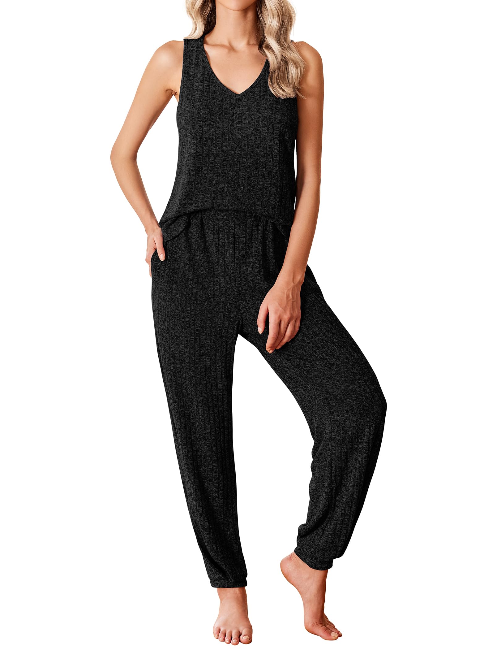 Ekouaerwomens Pajamas Sleeveless V Neck Pjs Lounge Sets Ribbed